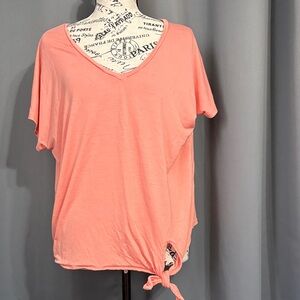Express Coral Tie-Hem V-Neck Short Sleeve Top